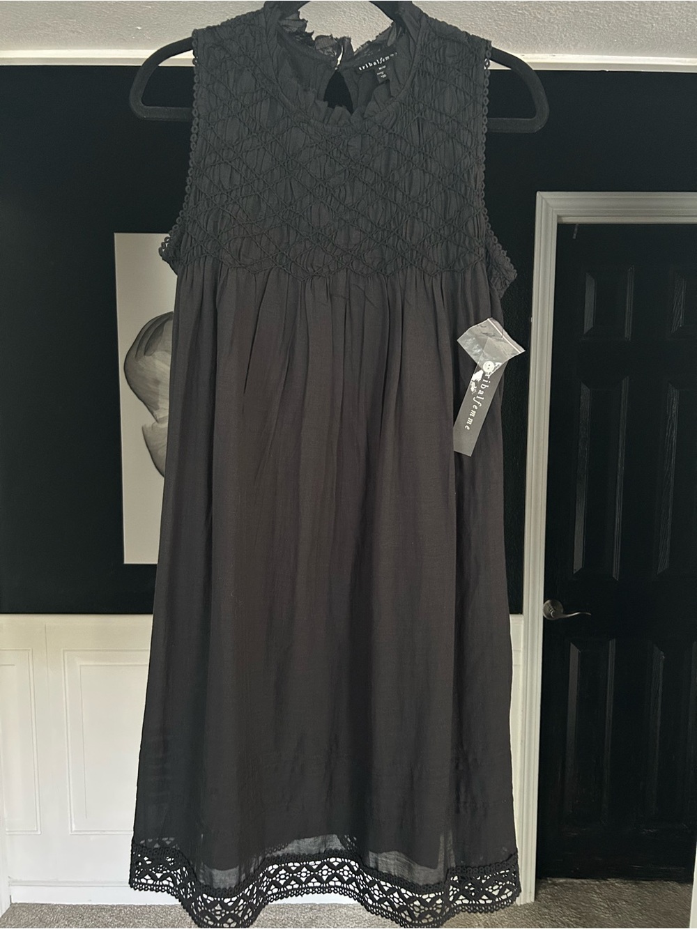 Tribal Black Smocked Crochet Yoke Dress